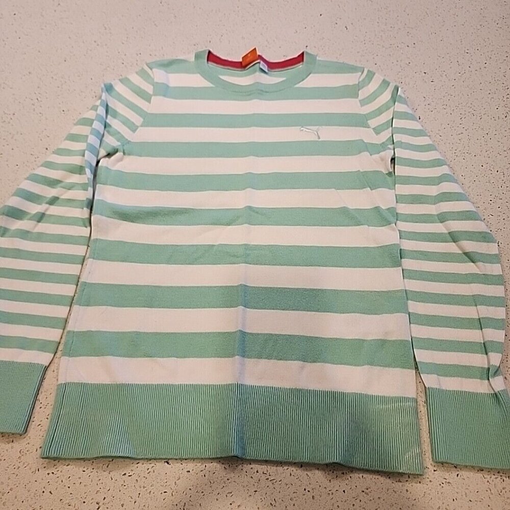 Women's Puma Sweater XS Green White Stripe Y2k Cotton
